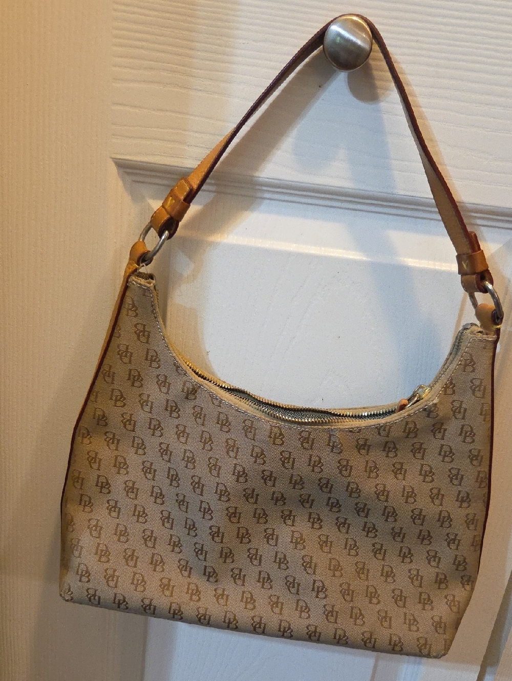 Dooney & Bourke Beige Monogram Shoulder Bag with Tan Trim